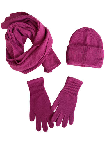 Kuschelset: Schal, Handschuhe und Mütze mit Angora - beere/dunkles magenta